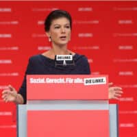 Sahra Wagenknecht speaks at a conference in 2017. | Die Linke