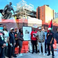 The December 12 Movement held a press conference in solidarity with the people of Jackson under the statue of Adam Clayton Powell outside the Harlem state office building named in his honor. Speakers included Roger Wareham and founding chair Viola Plummer of the December 12 Movement, State Senator Cordell Clear, Bill Dores of Struggle-La Lucha, and Jason Corley of the Cuba Si Coalition. SLL photo: Bill Dores