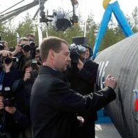 Ceremony marking the start of construction of the Nord Stream gas pipeline’s underwater section, 2010. Kremlin.ru, CC BY 3.0 https://creativecommons.org/licenses/by/3.0, via Wikimedia Commons