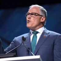 Governor Jay Inslee speaking with attendees at the 2019 California Democratic Party State Convention at the George R. Moscone Convention Center in San Francisco, California.