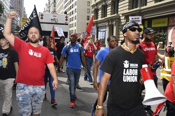 MR Online | Amazon Labor Union members including Christian Smalls Derrick Palmer and Tristian Martinez march from Jeff Bezos penthouse to Times Square in a Labor Day 2022 protestPhoto by Nina Berman | MR Online