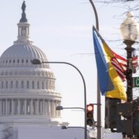 Ukrainian and US flags hoisted near the Capitol in Washington DC ahead of President Zelensky's address to the US Congress