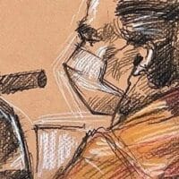 A sketch of Alex Saab's first court hearing in the United States, December 6, 2021. Photo: Daniel Pontet via Reuters/File photo.