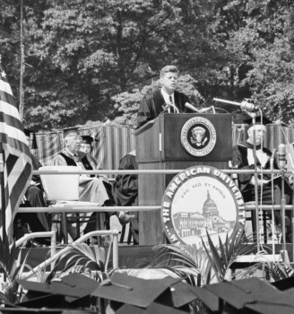 | JFK giving commencement address at American University in June 1963 in which he spoke for a rethinking of the Cold War and need for disarmament Five months later he was assassinated Source pinterestcom | MR Online