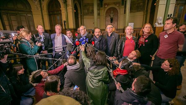 | French trade union leaders addressing media outside the Paris Labor Exchange Image via Workers Force | MR Online