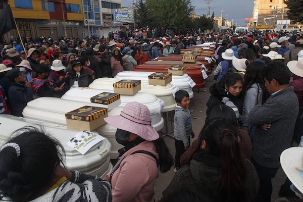| Relatives of 18 people killed by police repression wait with empty coffins outside the morgue of the Carlos Monge Medrano hospital in Juliaca southern Peru on January 10 2023 Photo Juan Carlos CisnerosAFP | MR Online