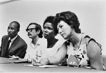 | David Hemson second from the left Harriet Bolton far right and textile workers Joyce Gumede second from the right and Desmond Matabela far left attend a strike meeting in Bolton Hall Credit David Hemson Collection University of Cape Town Libraries | MR Online