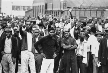 A group of striking textile workers demand an extra R5 per day at the Consolidated Textile Mill in February 1973Credit David Hemson Collection University of Cape Town Libraries