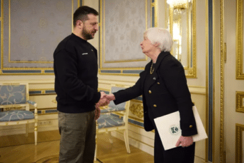 | US Treasury Sceretary Janet Yellen shakes hands with Ukrainian President Volodymyr Zelensky on her trip to Ukraine Source newsinfoinquirernet | MR Online