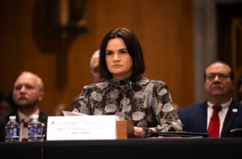 | Svetlana Tikhanovskaya speaking before the Senate Foreign Relations Committee on March 28 Source tsikhanouskayaorg | MR Online