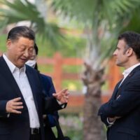 Chinese President Xi Jinping (left) and French President Emmanuel Macron (right) during their meeting in Beijing, China, April 6, 2023. Photo: CGTN.