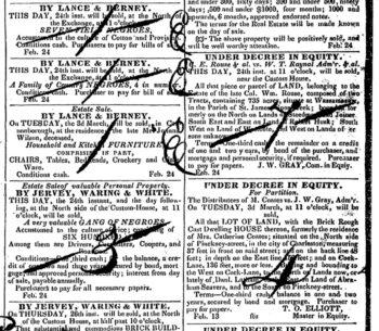 The ad see bottom left of screenshot that Davila found was buried in the middle of a sea of classifieds in the Charleston Courier on Feb 24 1835 The handwritten marks on preserved copies of old newspapers were made by typesetters or printers at the time for their records Credit NewsBankReadex