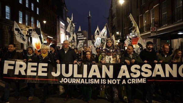  | Protesters led by Stella Assange and Kristin Hrafnsson demand the release of Julian Assange in Westminster London UK February 11 2023 Photo Dan KitwoodGetty Images via RT | MR Online