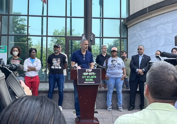 Kamau Franklin of Community Movement Builders and other organizers announce a ballot referendum effort at a June 7 press conference in Atlanta. (Photo: Twitter @Micahinatl)