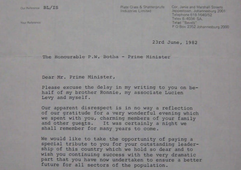 The letter from the Lubners to South African apartheid leader P W Botha See below for the full document