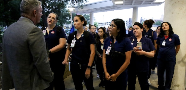  | Locked out Ascension Seton Medical Center nurses in Austin Texas confront a representative of the hospitals administration on June 28 The company locked them out for three days after they struck but the move backfired Photo National Nurses United | MR Online