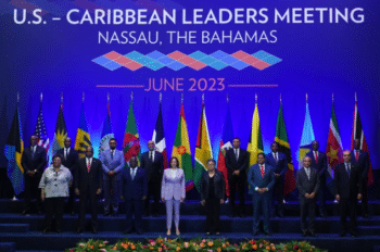 US Vice President Kamala Harris stands with leaders of various Caribbean countries for a photo at the US Caribbean Leaders Meeting in Nassau Bahamas June 2023 Photo CARICOM