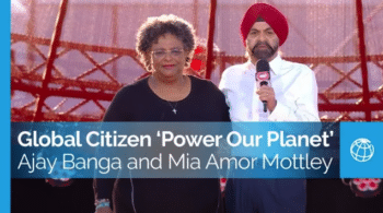 PARIS FRANCE  JUNE 22 Mia Mottley Prime Minister of Barbados and Ajay Banga President of the World Bank speak on stage during Global Citizens Power Our Planet Live in Paris on June 22 2023 in Paris France