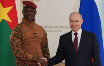 Burkina Fasos President Ibrahim Traoré meets with Russian President Vladimir Putin in Saint Petersburgh on July 29 2023