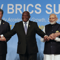 From left, Brazil's President Luiz Inacio Lula da Silva, China's President Xi Jinping, South Africa's President Cyril Ramaphosa, India's Prime Minister Narendra Modi and Russia's Foreign Minister Sergei Lavrov pose for a BRICS group photo during the 2023 BRICS Summit at the Sandton Convention Centre in Johannesburg, South Africa, Wednesday, August 23, 2023