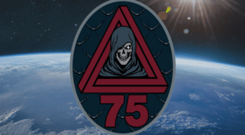 The patch of the 75th Intelligence Surveillance and Reconnaissance Squadron revealed at the units activation ceremony on Aug 11 2023 It features the grim reaper with a delta shape for a nose Source spacecom