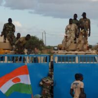 Thousands of people gather in front of a French military base demanding the French soldiers to leave the country, in the capital Niamey on September 3, 2023. Photo: Balima Boureima/Anadolu Agency via Getty Images.