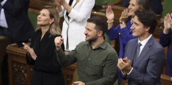 Ukrainian President Volodymyr Zelensky and Canada's Prime Minister Justin Trudeau recognize Yaroslav Hunka, who was in attendance and fought with the First Ukrainian Division in World War II before later immigrating to Canada, in the House of Commons on Parliament Hill in Ottawa on Friday, Sept. 22, 2023.