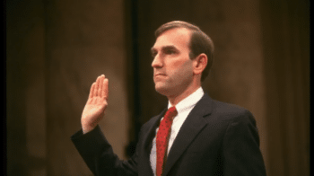 Abrams being sworn in for his testimony at the televised Iran Contra hearings Source jacobincom