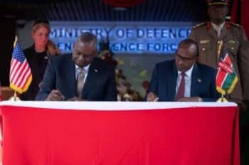 United States Secretary of Defense Lloyd Austin signs a defense pact with his Kenyan counterpart Aden Duale Cabinet Secretary for the Ministry of Defence