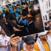 Moroccans take part in a protest in solidarity with Palestinians in Gaza, in Rabat, Morocco, Oct. 15, 2023. (Photo: Mosa’ab Elshamy / AP)