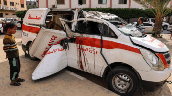 A destroyed ambulance in Khan Yunis in southern Gaza on 11 October 2023 AFP