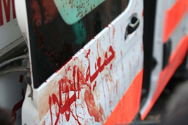 MR Online | BLOOD STAINS ON AN AMBULANCE OF THE PALESTINIAN RED CRESCENT FOLLOWING AN ISRAELI AIRSTRIKE AT THE ENTRANCE OF AL SHIFA HOSPITAL IN GAZA CITY NOVEMBER 3 2023 PHOTO SAEED JARASAPA IMAGES | MR Online