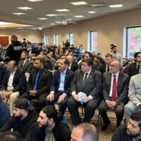 LOCAL AND STATE OFFICIALS, INCLUDING CHICAGO MAYOR BRANDON JOHNSON (RIGHT) AND ILLINOIS GOVERNOR J. B. PRITZKER (THIRD FROM RIGHT), IN ATTENDANCE OF THE JANAZAH PRAYER FOR WADEA AL-FAYOUME AT MOSQUE FOUNDATION IN BRIDGEVIEW, IL, OCTOBER 16, 2023.