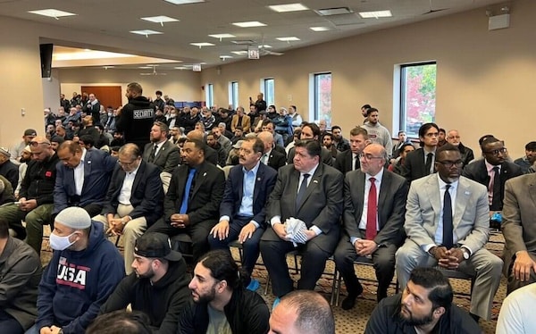 MR Online | LOCAL AND STATE OFFICIALS INCLUDING CHICAGO MAYOR BRANDON JOHNSON RIGHT AND ILLINOIS GOVERNOR J B PRITZKER THIRD FROM RIGHT IN ATTENDANCE OF THE JANAZAH PRAYER FOR WADEA AL FAYOUME AT MOSQUE FOUNDATION IN BRIDGEVIEW IL OCTOBER 16 2023 | MR Online