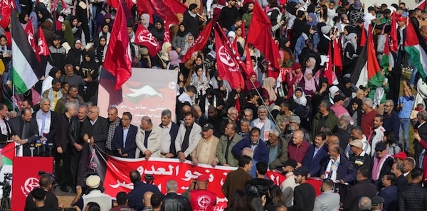 | Supporters of the Popular Front for the Liberation of Palestine PFLP hold Palestinian and their group flags during a protest in solidarity with the Palestinian people in Gaza Strip and the 56th anniversary of the groups founding in front of the headquarters of UN Economic and Social Commission for Western Asia ESCWA in Beirut Lebanon December 17 2023 | MR Online