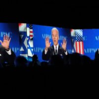 Joe Biden, projected on screens, gestures as he addresses the American-Israeli Public Affairs Committee (AIPAC) 2013 Policy Conference, March 4, 2013, at the Walter E. Washington Convention Center in Washington. Susan Walsh | AP