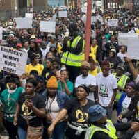 Healthworkers marched to office of Gauteng Premier on March 28, 2023, demanding permanent employment and better working conditions. Photo: HAITU/X