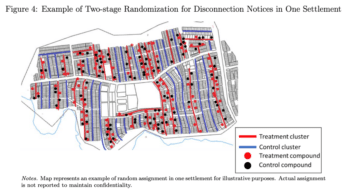 | A map from the publication reporting this RCTs results showing how households in Kayole Soweto were randomly assigned to treatment or control groups | MR Online