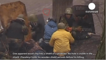 The verdict confirms the killing of Volodymyr Zherebnyi and the wounding of Volodymyr Venchak on the ground near Zherebnyi from the Hotel Ukraina Screen grab from Video CYouTube