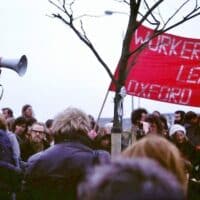 E P Thompson addresses anti-nuclear weapons rally, Oxford, England, 1980. Source: Kim Traynor - Wikicommon / cropped from original / shared under license CC BY-SA 4.0