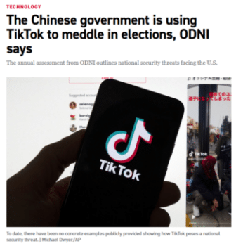 Below the scary headline Politico 31124 acknowledges that there have been no concrete examples publicly provided showing how TikTok poses a national security threat