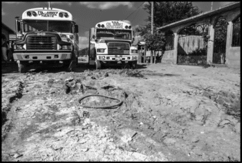 Buses line up to take maquiladora workers from the Derechos Humanos and Fuerza y Unidad barrios in Matamoros to the factories where they work The neighborhoods are contaminated by the dumping of white powder chemical waste from the Quimica Fluor plant which makes hydrofluoric acid onto the dirt roads between the houses David Bacon