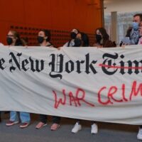 WRITERS AGAINST THE WAR ON GAZA PROTEST IN THE NEW YORK TIMES’ HEADQUARTERS, MARCH 14, 2024. (PHOTO: JULIA SHARPE-LEVINE)`