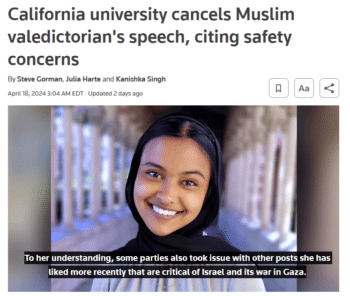 | USC valedictorian Asna Tabassum says the school did not tell her what the security threats were but said that the precautions that would be necessary to allow her to speak were not what the university wants to present as an image | MR Online'” (Reuters, 4/18/24).