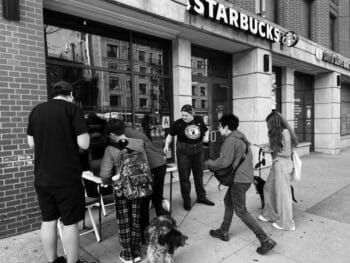 | Workers from the Starbucks on Fourth Avenue and 11th St in Park Slope table outside their storeAmba Guerguerian | MR Online