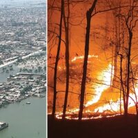 HUMAN-MADE: (L to R) Shahdadkot city in Sindh province, southeastern Pakistan, covered with floodwater in September 2022; The 2022 Kimble Complex Fire, southeast Ohio, was the largest wildfire in Wayne National Forest history Photo: (L to R) Ali Hyder Junejo/CC - Spencer Townsend/Wayne National Forest/CC