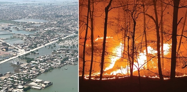 | HUMAN MADE L to R Shahdadkot city in Sindh province southeastern Pakistan covered with floodwater in September 2022 The 2022 Kimble Complex Fire southeast Ohio was the largest wildfire in Wayne National Forest history Photo L to R Ali Hyder JunejoCC Spencer TownsendWayne National ForestCC | MR Online