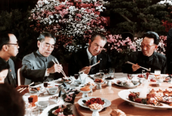 Nixon at a banquet in Hangzhou Zhejiang province in the Great Hall of the People in Beijing in February 1972 Shanghai Communist Party leader Zhang Chunqiao is to his left and Premier Chou En Lai is to his right Source newscgtncom