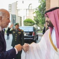 US President Joe Biden fist bumps Saudi Crown Prince Mohammed bin Salman upon arrival for a high-stakes visit, July 15, 2022