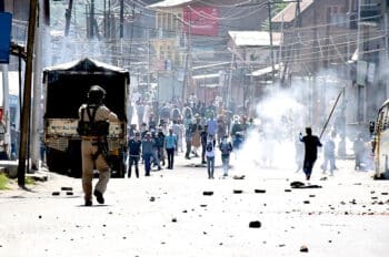 Indian police in Kashmir Valley confronting protesters in December 2018 Tasnim News Agency Wikimedia Commons CC BY 40